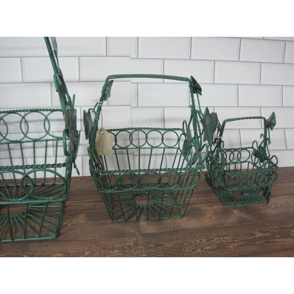 Lot of 3 Vintage Metal Wire Nesting Baskets Ivy Leaves w/ Handle NOS